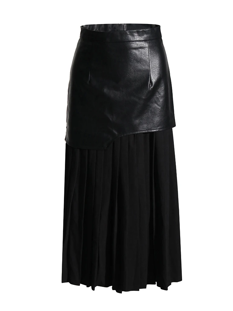 VGH Hit Color Patchwork PU Leather Długie spódnice dla kobiet Wysoka talia Temperament Plisowana spódnica Odzież damska Styl mody Nowy