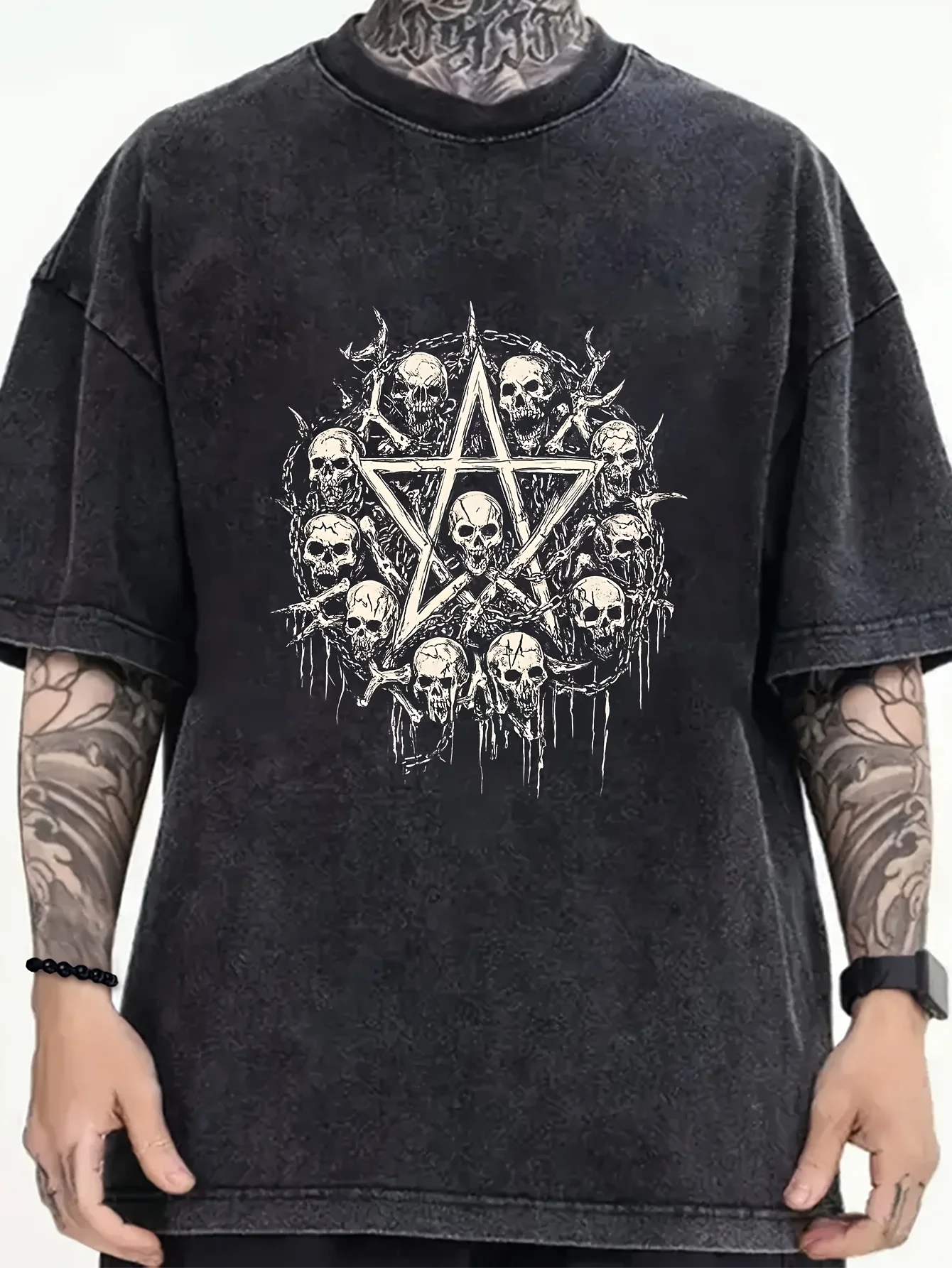 

Skull pattern front print, vintage washed cotton men's T-shirt, short sleeved top, streetwear