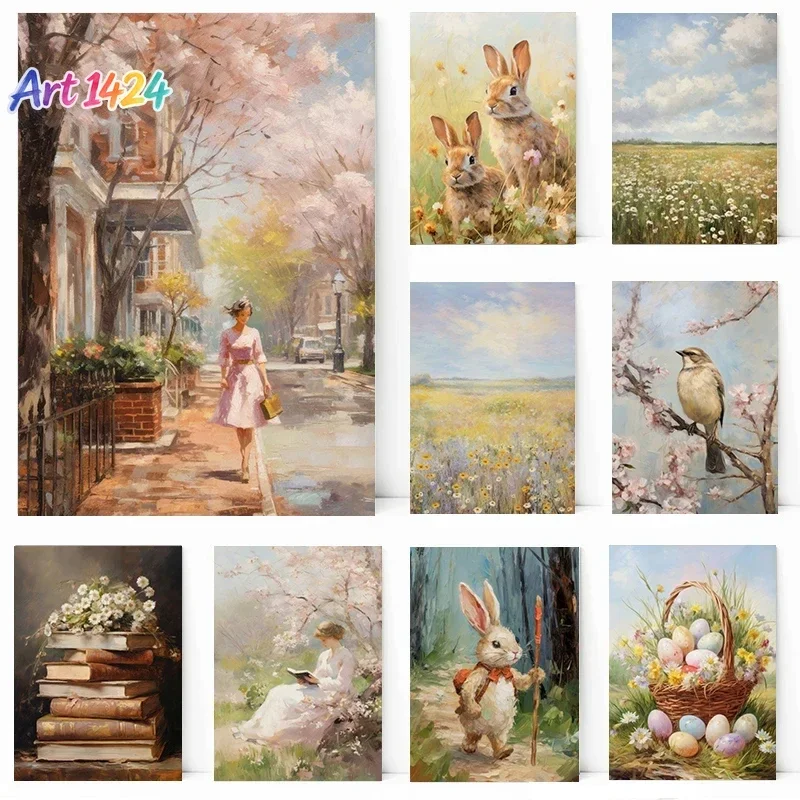 Spring & Easter Poster Spring Wildflower Field Rabbit Family Town City Easter Bunny Canvas Painting Wall Art Picture Home Decor