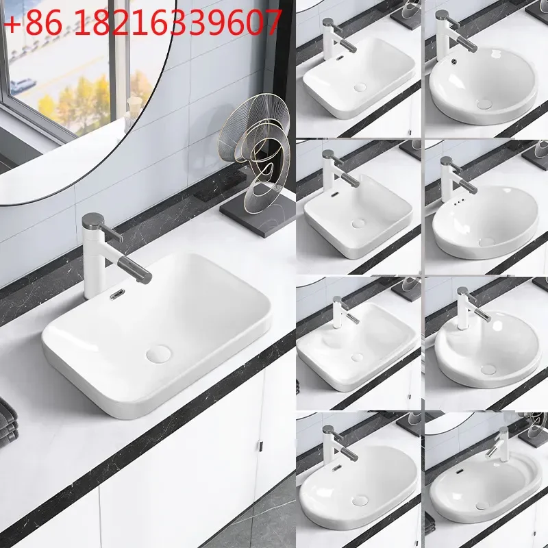 YAOSemi Embedded Ceramic Basin Oval Washbasin Household Bathroom Sink White Porcelain Lavatory Basin for Modern Home Decor