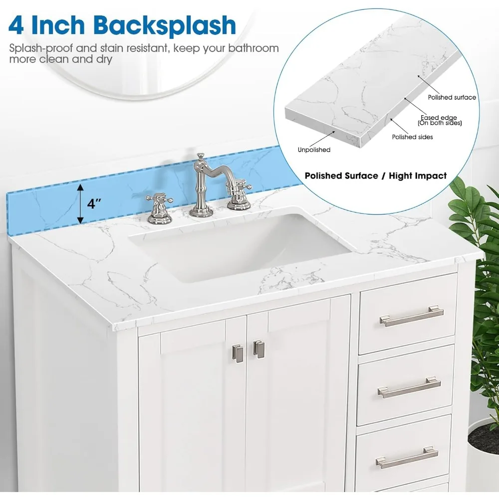 Lavabo de tocador de baño de piedra diseñada de 36 pulgadas, con lavabo medio rectangular bajo montaje, encimera de tocador con grifo de 8 pulgadas