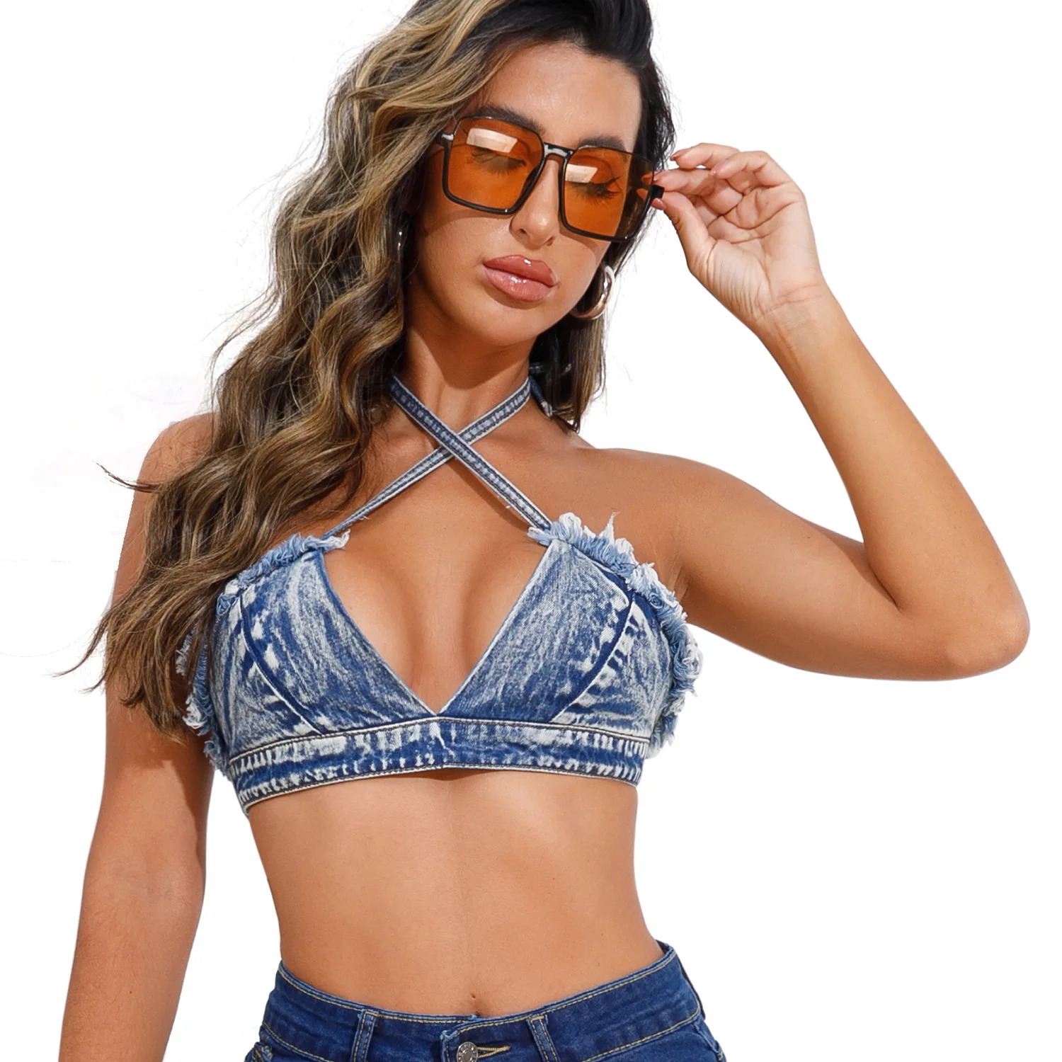 2023 nowych kobiet Sexy w kratkฤ Lace Up Sling podstawowe muszka Jeans Denim krรณtki Top