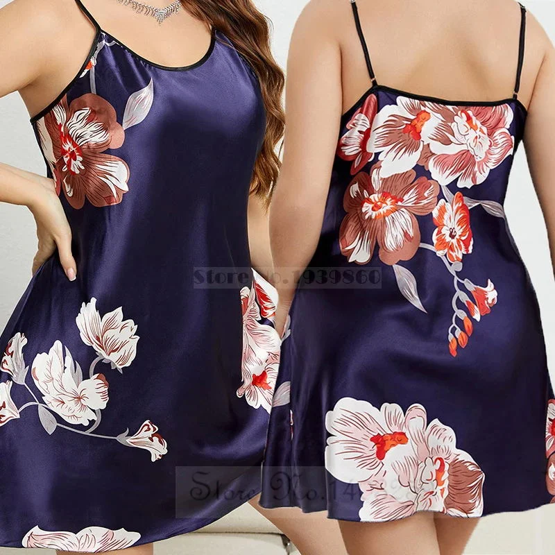 Large Size 3XL 4XL 5XL Female Robe Nightgown Print Flower Long Kimono Bathrobe Gown Sleepwear Loose Satin Home Dress Lounge Wear