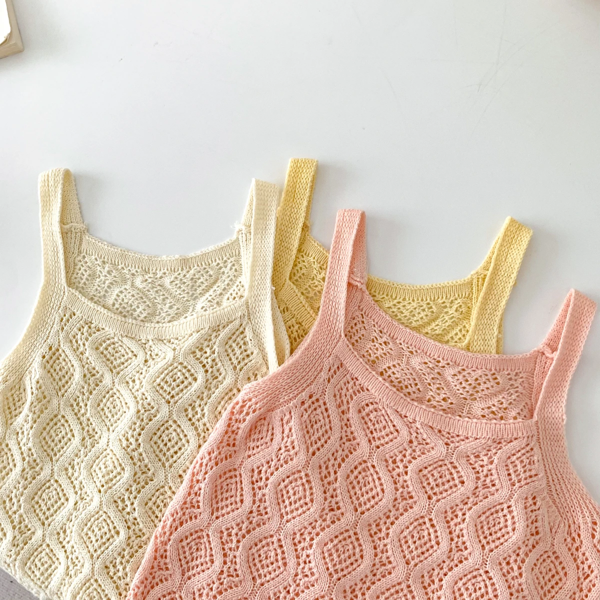 2023 Summer New In Kids Baby Girls Sleeveless Knitted Solid Color Hollow-out Top + Ruched Shorts Children Fasion Clothing Set