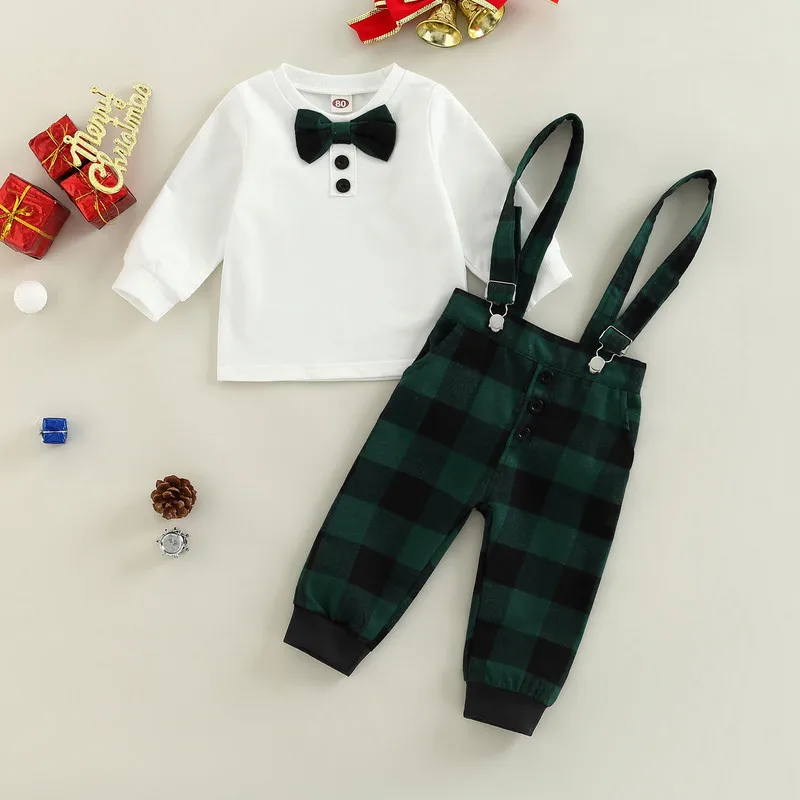 Newborn Baby Boy Clothes Pants Suit Fall Winter Gentleman Long Sleeve Round Neck Bow Shirt Plaid Print Suspender Trousers