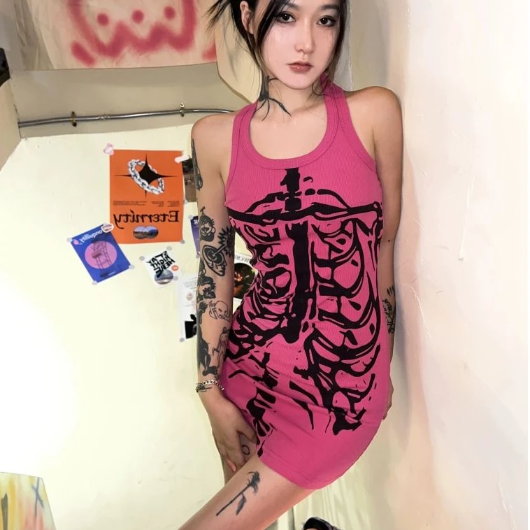 Neck-mounted Dresses Women Summer Slim Sleeveless Sexy Mini Hot Girls Subculture Print Sheath Bodycon Fashion Design American