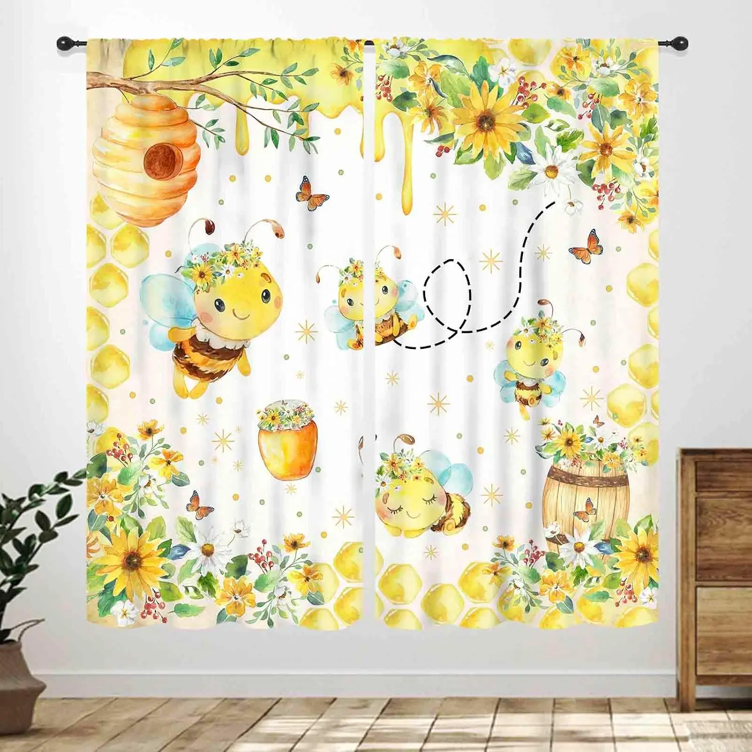 Cartoon Bee Sunflower Curtains 2 Panels, Watercolor Honey Hive Jar Butterfly Honey Drip White Window Drapes for Kids Nursery