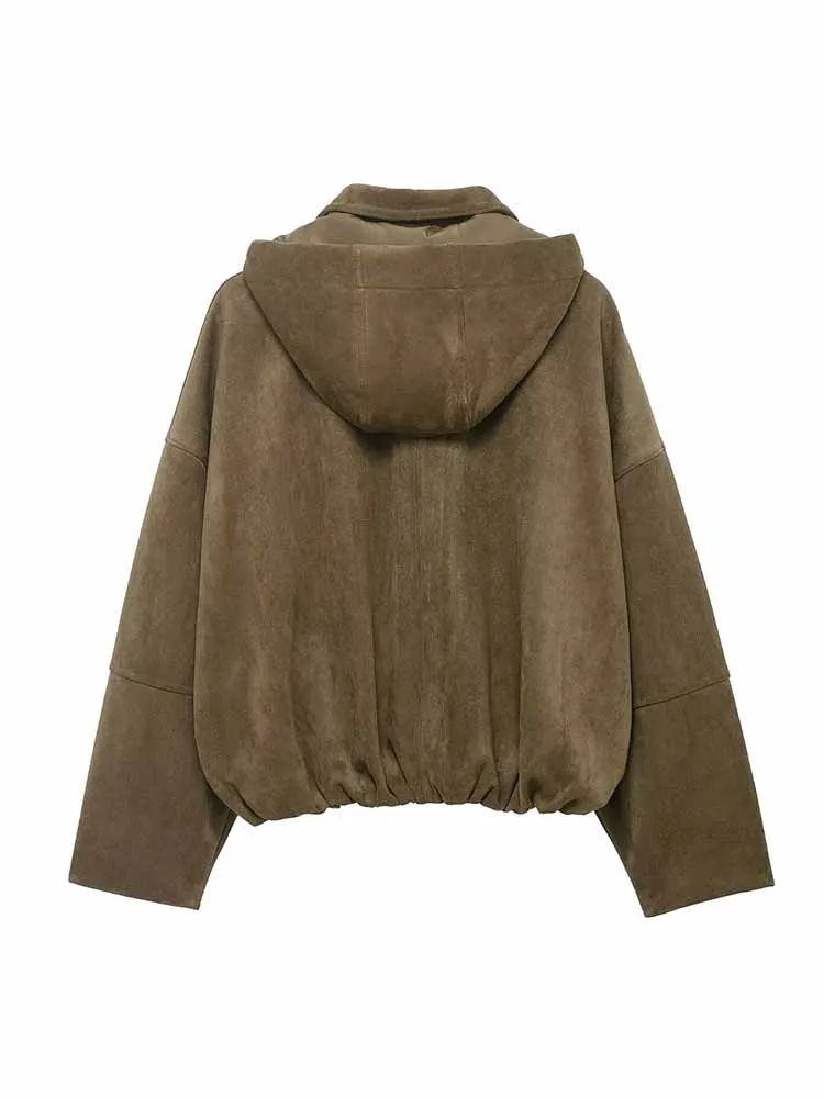 HH Trendy Woman Spring Fashion Long Sleeves Zipper Suede Texture Hooded Pilot Jacket Female Casual Comfortable Solid Color Coat
