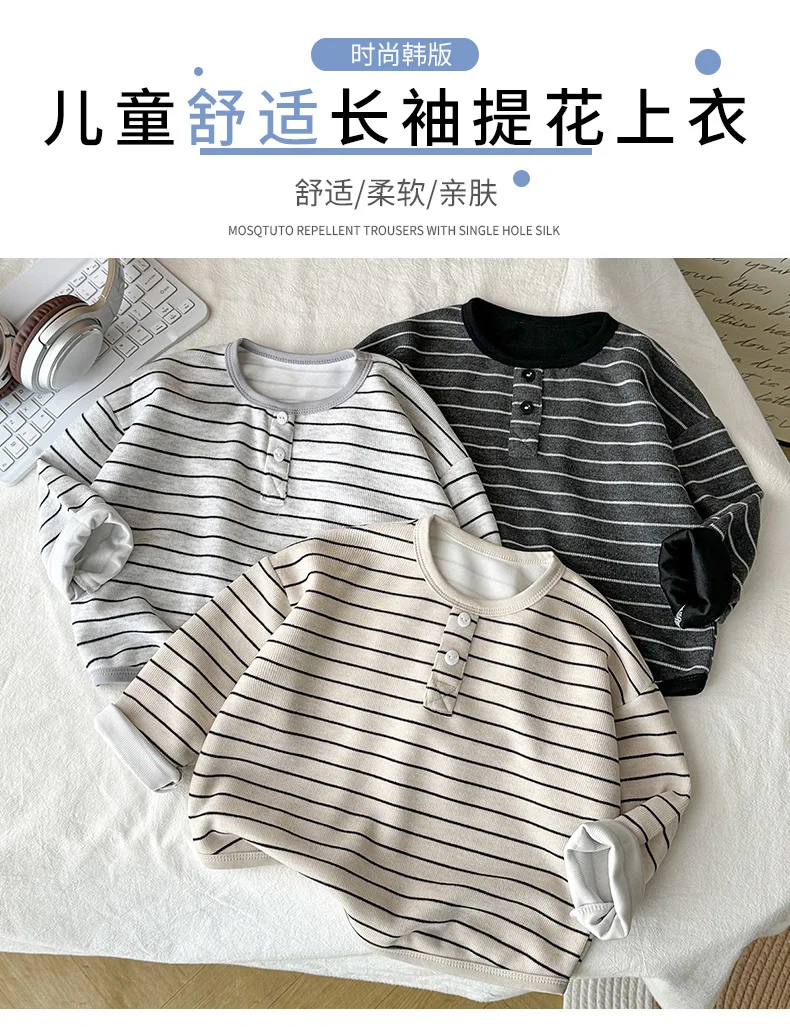 Rundhals-Streifen-T-Shirt mit Knöpfen und langen Ärmeln für Kinder, Herbst-Jungen-Basisshirt, Mädchen-Basisshirt, Baby-Winter-Oberteil, Kinder-T-Shirt – Detail 2