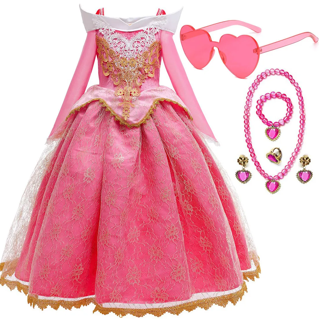 2026 Disney Dornröschen Aurora Prinzessinnenkleid Mädchen Cosplay Schulterfreies Kinder-Geschenk Festliches Party-Kleid Baby Feines Spitzenkleid-Set