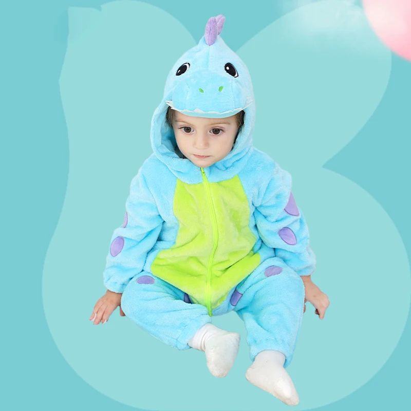 

2024 Baby Romper Dinosaur Jumpsuits Kid Cosplay Winter Flannel One-Pieces Hooded Jumpers Overall Girl Boy Bodysuit zipper Onesie