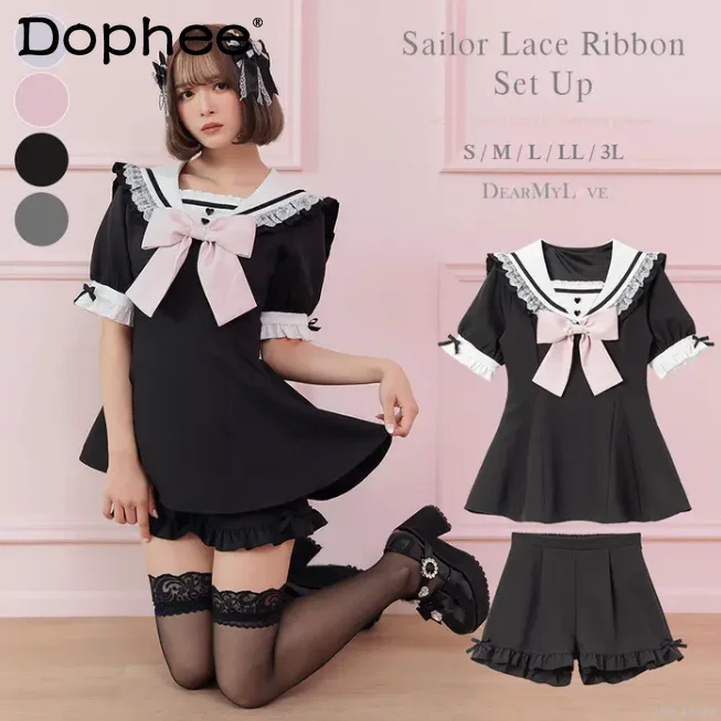 

2023 New Summer Sweet Shorts Set Japanese Style Lolita Lace-up Bow Short Sleeve Top Slim Waist Slim Fit Shorts Two-Piece Suit