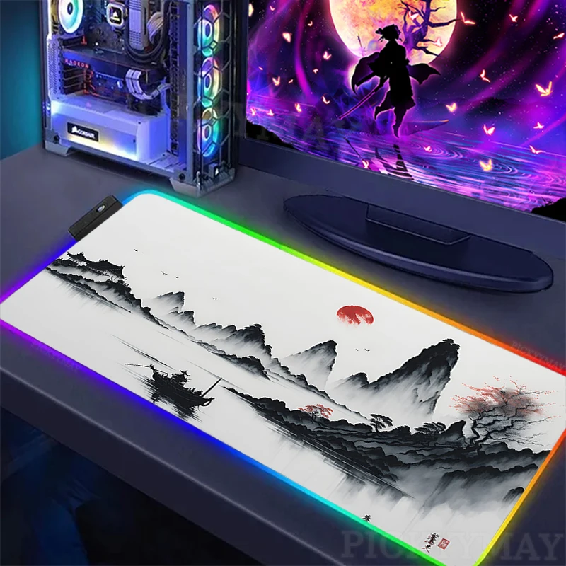 Ink Painting RGB Mouse Pad Gaming Mousepads LED Mouse Mat Keyboard Mat Anti-slip Mousepad XXL Luminous Desktop Rug Desk Mat