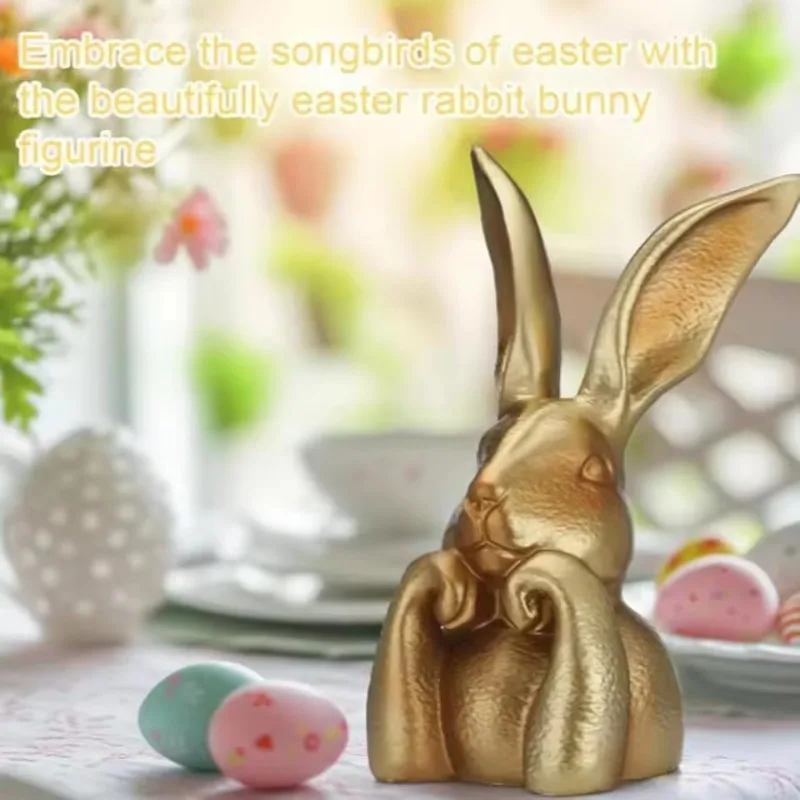 

Gold Rabbit Decorative Figurine Cute Easter Bunny Statue Resin Spring Ornament for Home Shelf Dining Table Mantel Entryway