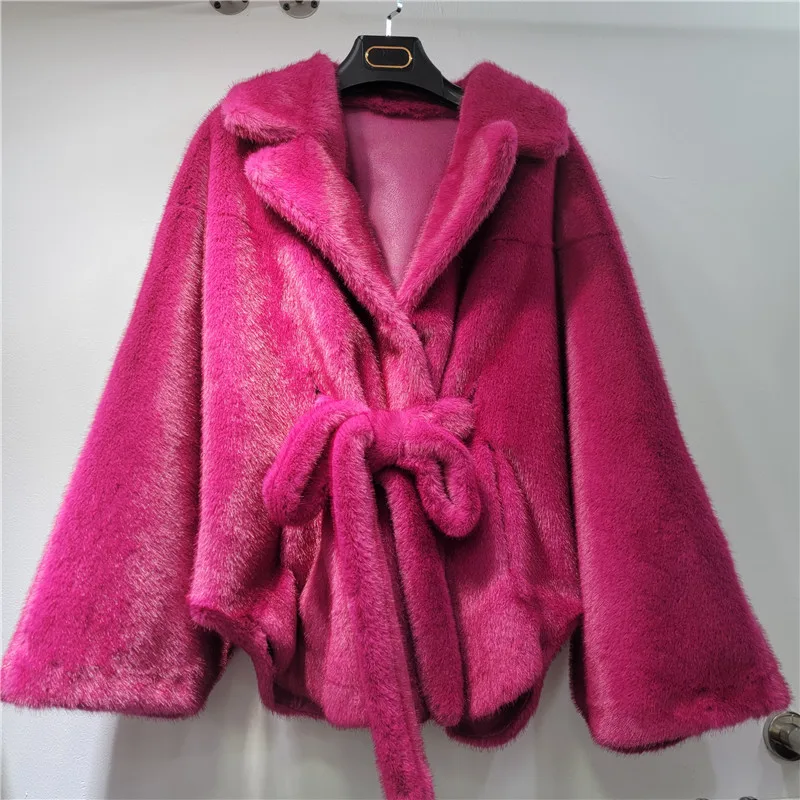 

Clothland Women Vintage Fur Coats Long Sleeve Sashes Turn Down Collar Female Thick Fashion Loose Jacket CB222