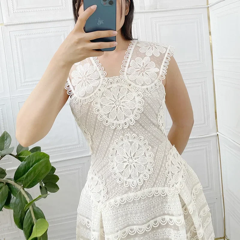 Cintura alta sem mangas vestido de verão feminino, Colarinho quadrado, Roupa de festa monocromática, Elegante Vestidos Boho, Designer