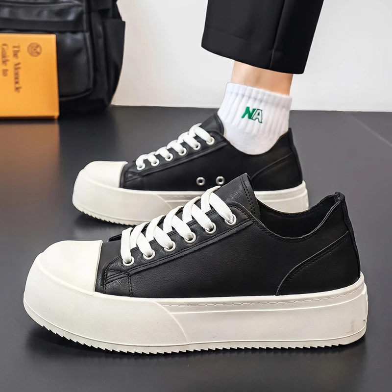 Fashionable Casual Men's Thick Bottom Sneakers Wear-Resistant Leisure All-Match Black White Sports Shoes Trendy Work Shoes