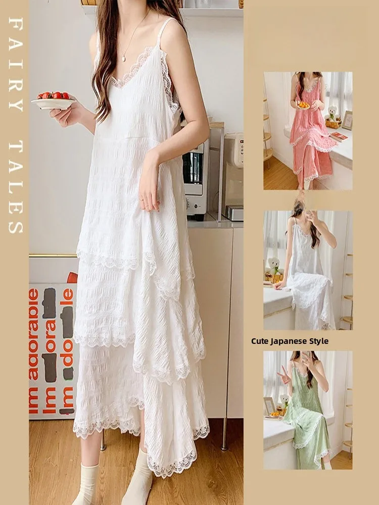 Princess Style Summer Women's Sleepwear Loose Fit Cotton Gauze Nightgown V-Neck Long Sleeve Drawstring Robe Sweet Home Clothes