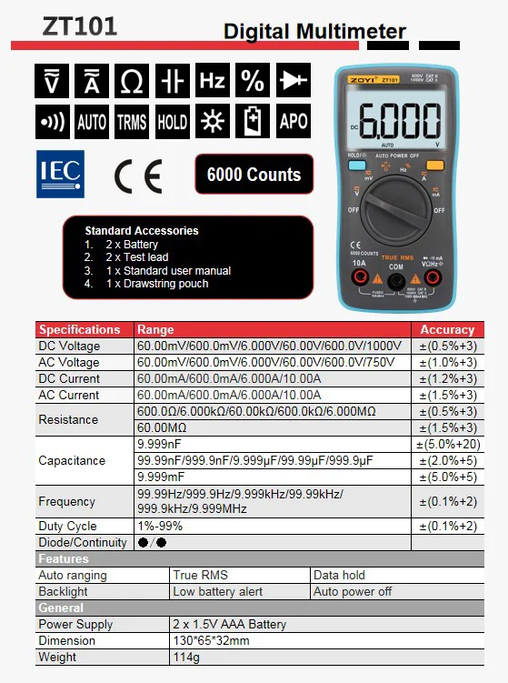 ZOYI Digitales Multimeter Amperemeter Voltmeter Widerstandsmessgerät Frequenzmesser mit Hintergrundbeleuchtung Spannungsmesser Diodentester ZT98 ZT100 ZT101 ZT102 – Detail 5