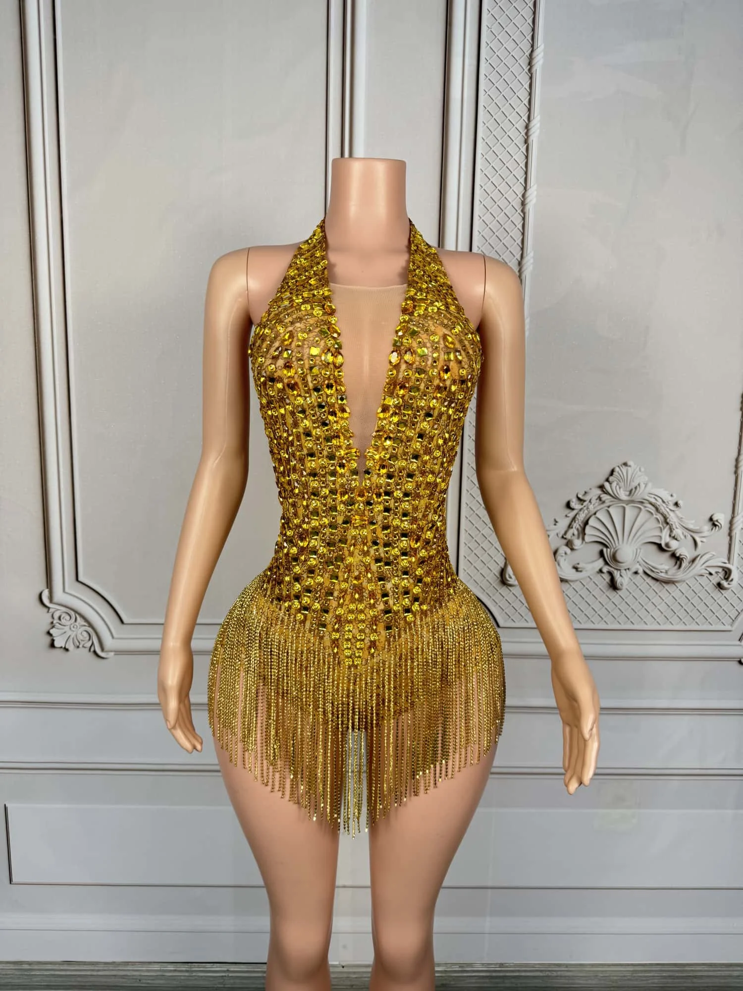 Maisui Womens Sexy Gold Rhinestone Fringe Bodysuit Halter Deep V Neck Sheer Mesh Bodycon Party Club Stage Performance Outfit
