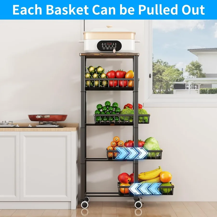 Fruit Vegetable Storage Basket for Kitchen 5 Tier Large Pull-Out Metal Wire Baskets with 4 Pack Mats Bottom Wood Top and Wheels