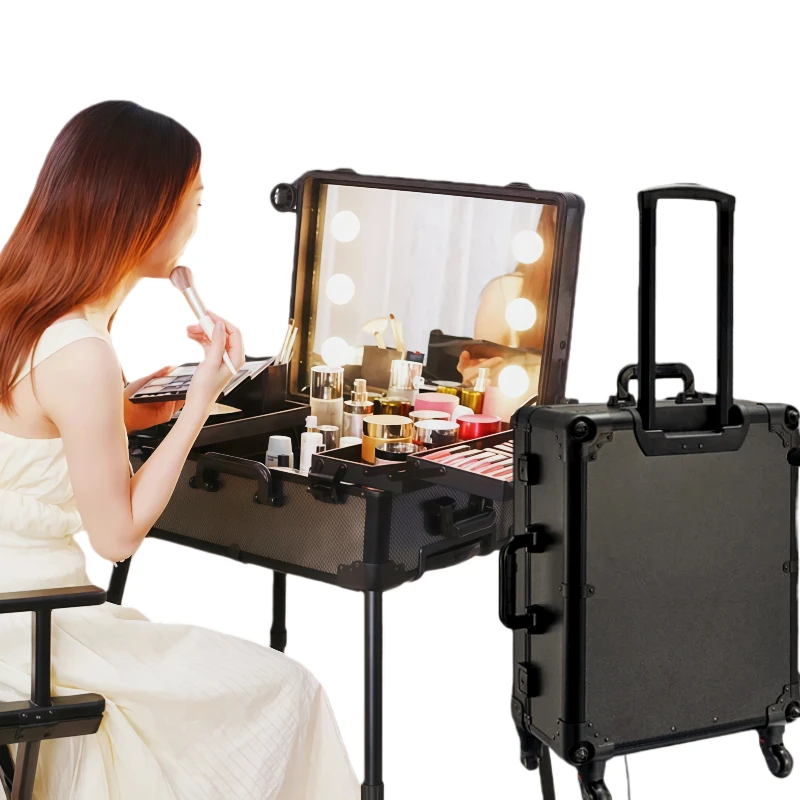 22-Inch Fashion Large Capacity Professional Makeup Case Towel Material Open Closure Light Rod Nail Art Folded Storage Luggage
