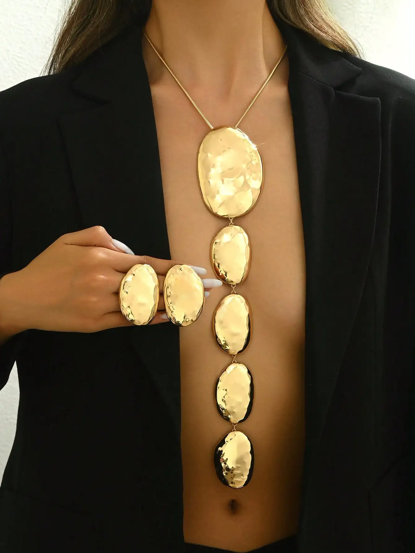 

Gold Metallic Asymmetrical Ellipse Pendant Necklace & Earrings Set, Extra Long Y-Necklace for Party Formal Wear