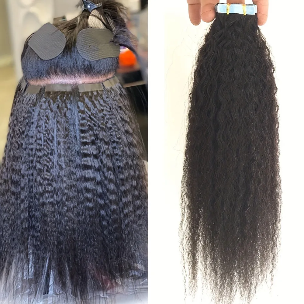 VSR-US Kinky reta extensão do cabelo humano, fita preta no cabelo, cabeça cheia, azul, 20 \