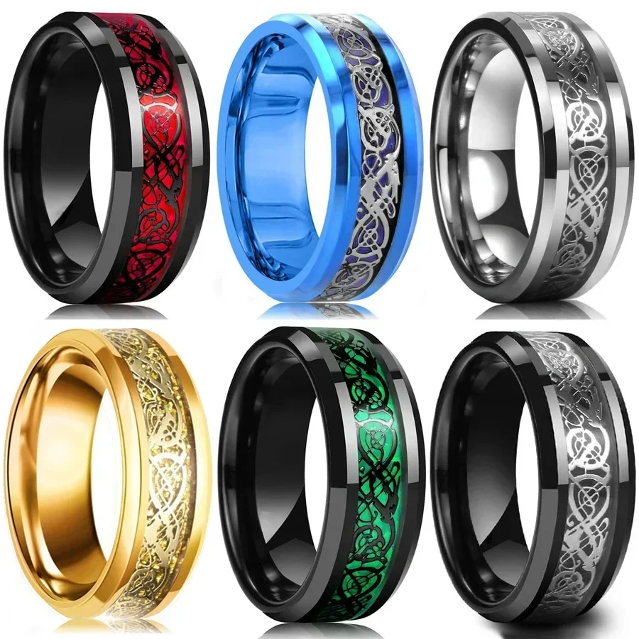 10 Colors 8mm Men's Stainless Steel Celtic Dragon Ring Inlay Red Green Black Carbon Fiber Ring Wedding Band Jewelry Size 6-13