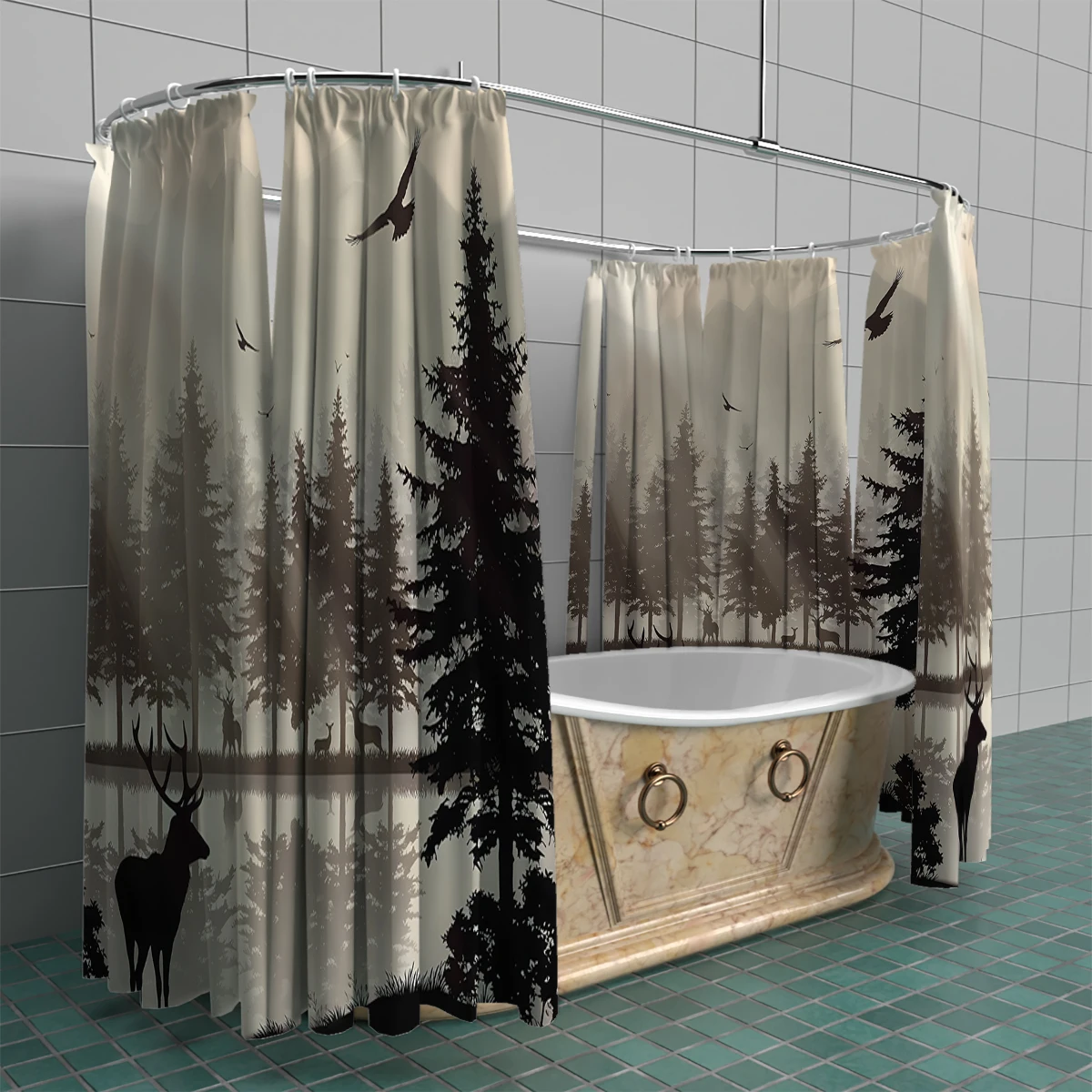 1PC Deer Forest Elk Shower Curtain with 12 Hooks,Bathroom Curtain Set Bath Curtain Bathroom Decor  ﻿