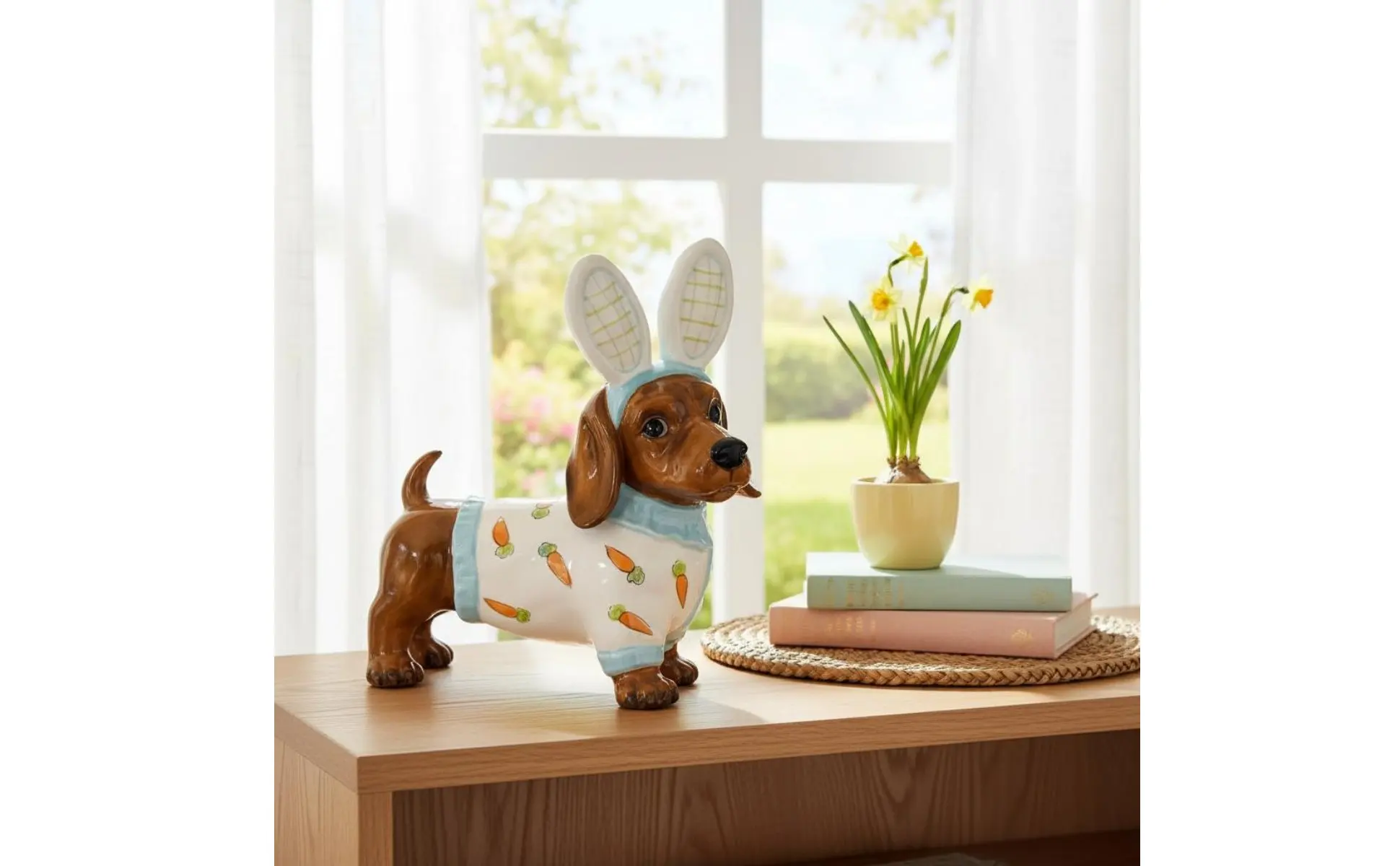 Dachshund Hare Statue Holiday Themed Dog in Hare Costume Statue Resin Wiener Dog Sculpture Lasting Color House Decoration