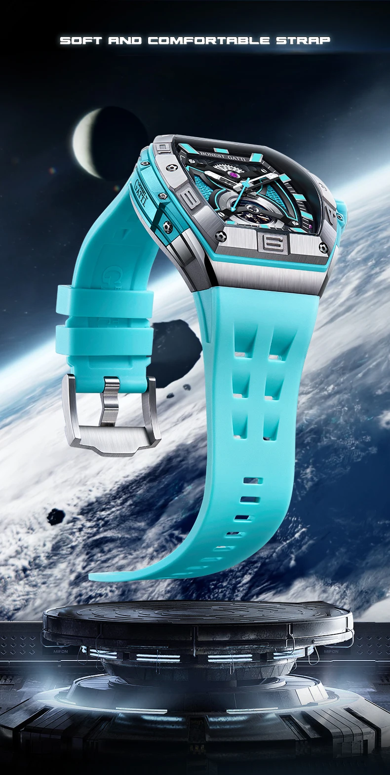 BONEST GATTI Men Automatic Watch 42mm Tonneau Mechanical Wristwatch 50m Waterproof Sapphire Luminous Skeleton Dial