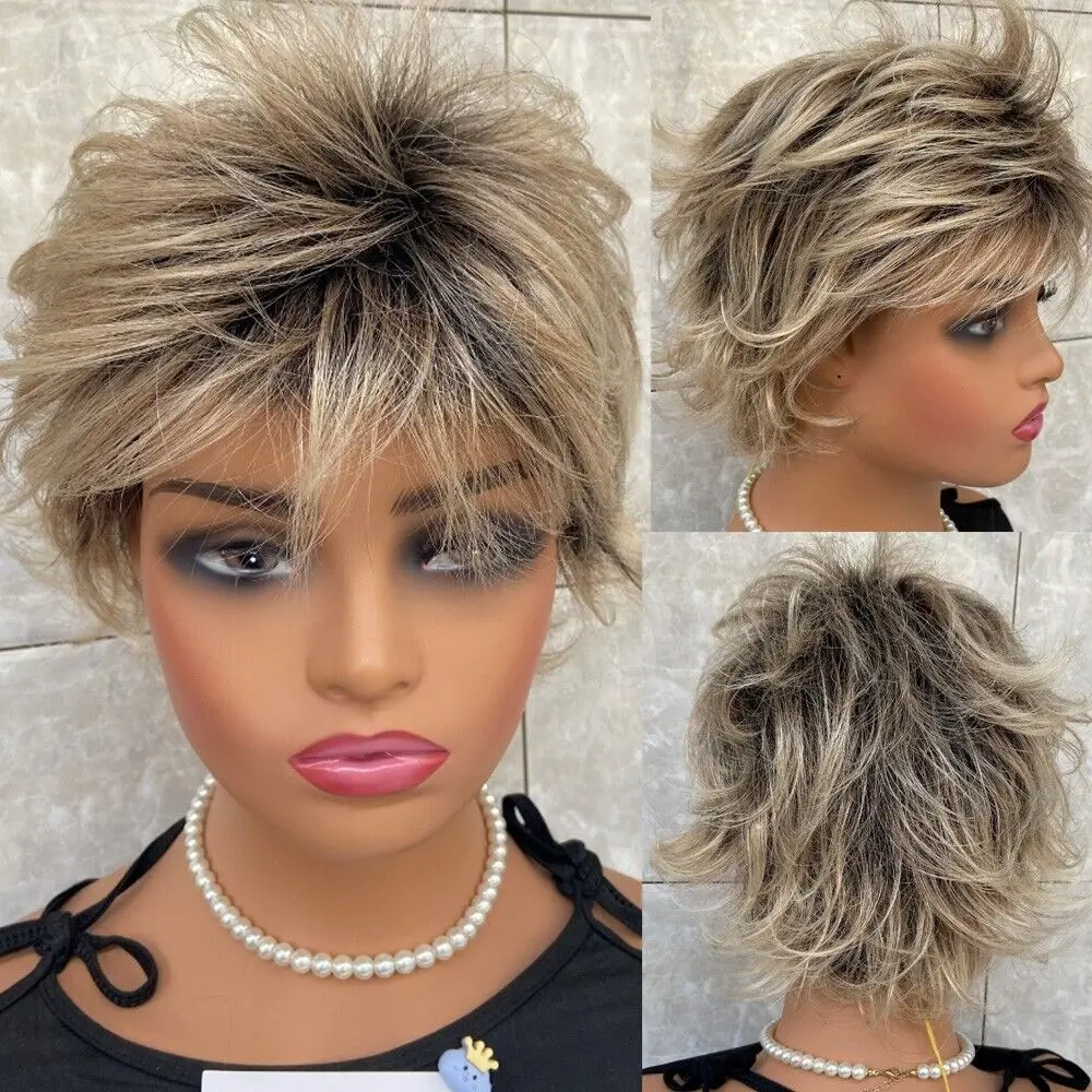 

Short Layered Cut Fluffy Straight Human Hair Blend For Grandma Soft Wigs