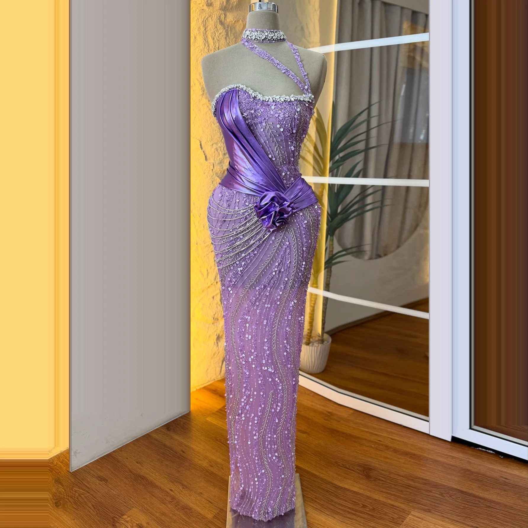 

Exquisite Purple Sleeveless Mermaid Prom Dress High Neck Illusion Birthday Party Dress Crystal Tassel Evening Dress Customized