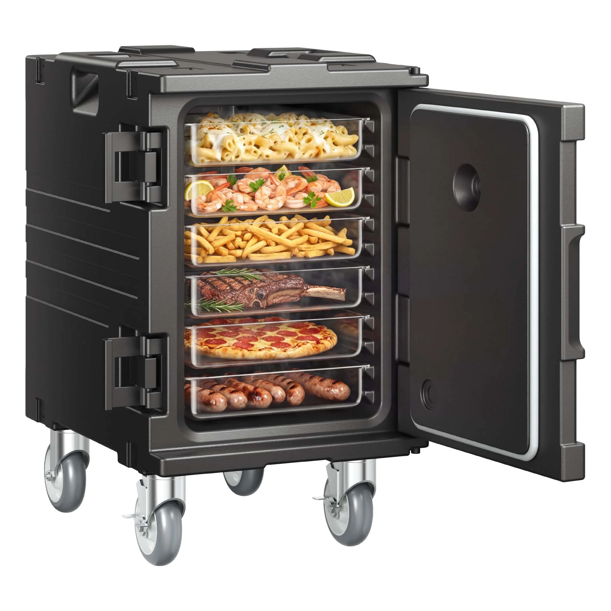 Insulated Food Pan Carrier, 95 Qt Hot Box for Catering, Food Box Carrier with Buckle, Front Loading Food Warmer with Handles, End Loader with Wheels for Restaurant, Canteen