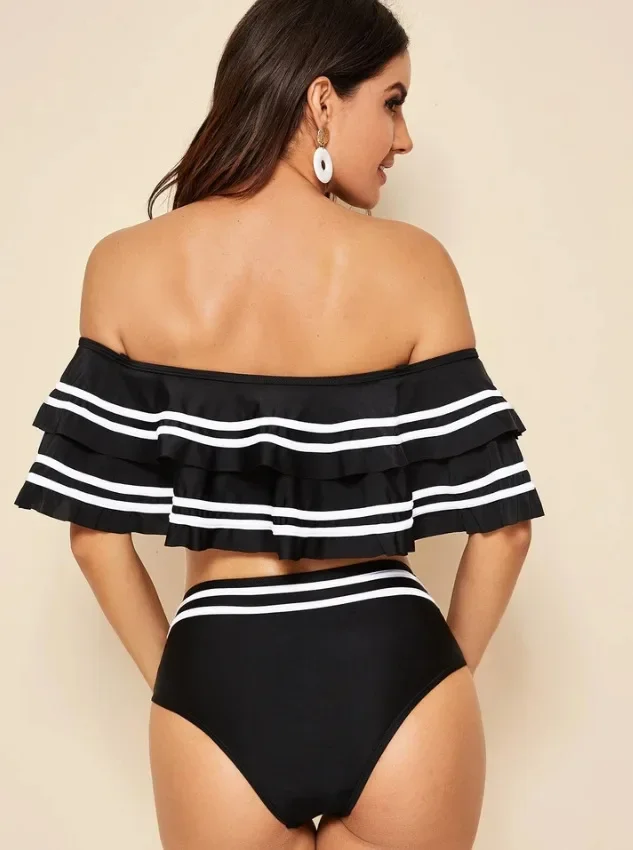 Black striped women bikini set two pieces sexy off shoulder ruffles high waist bathing suits summer beach swimsuits