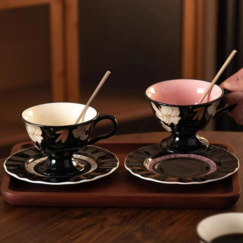 

Chinese Retro Style Black Lily Flower Ceramic Coffee Cups Dish Dining Table Office Home Milk Mugs Afternoon Tea Tea Cup Dish Set