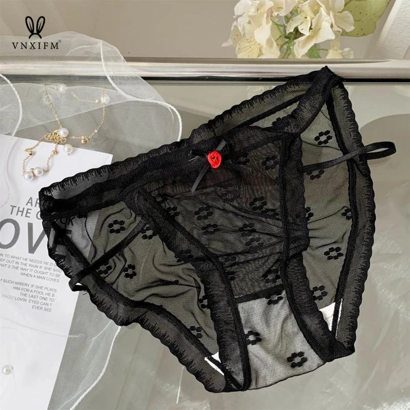 French pure desire wind high slit lace panties women\'s low waist rose mesh breathable briefs transparent jacquard underwear