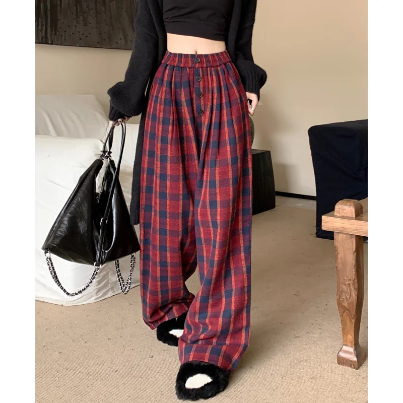 Women Black Cargo Pants Streetwear High Waist American Wide Leg Pants Y2K Fashion Female Winter Grey Lattice Straight Trousers