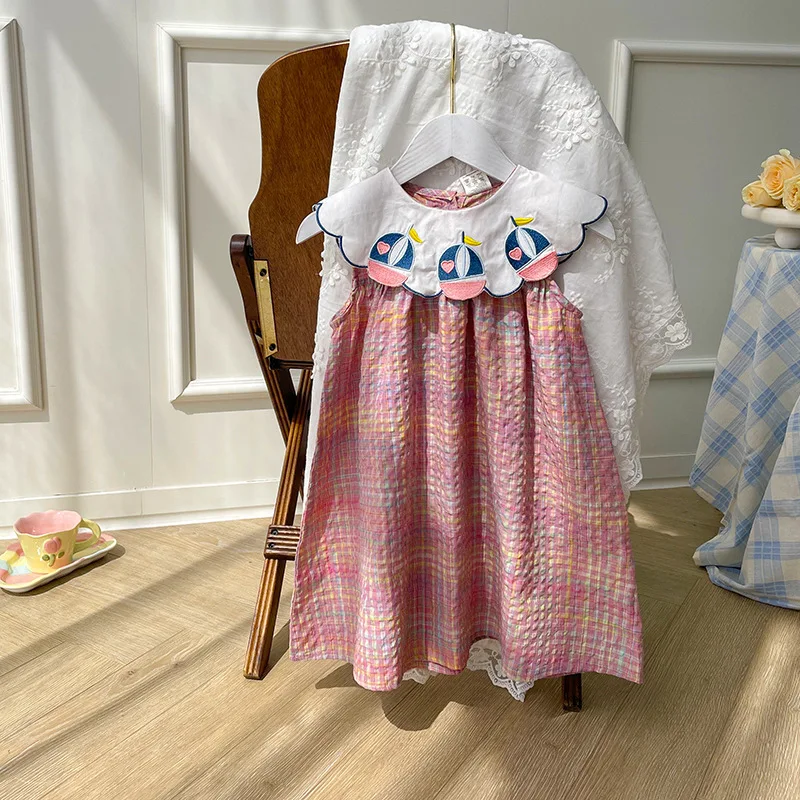 Girls' Dress 2025 Summer New Style Colorful Checkered Sailboat Navy Style Sweet Sleeveless Baby Dress Girls Clothes