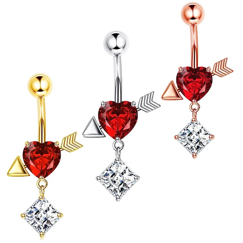 

Dangle Belly Button Rings 14G Belly Rings for Women CZ Curved Navel Barbell Body Piercing Jewelry Wholesales Red Heart Long