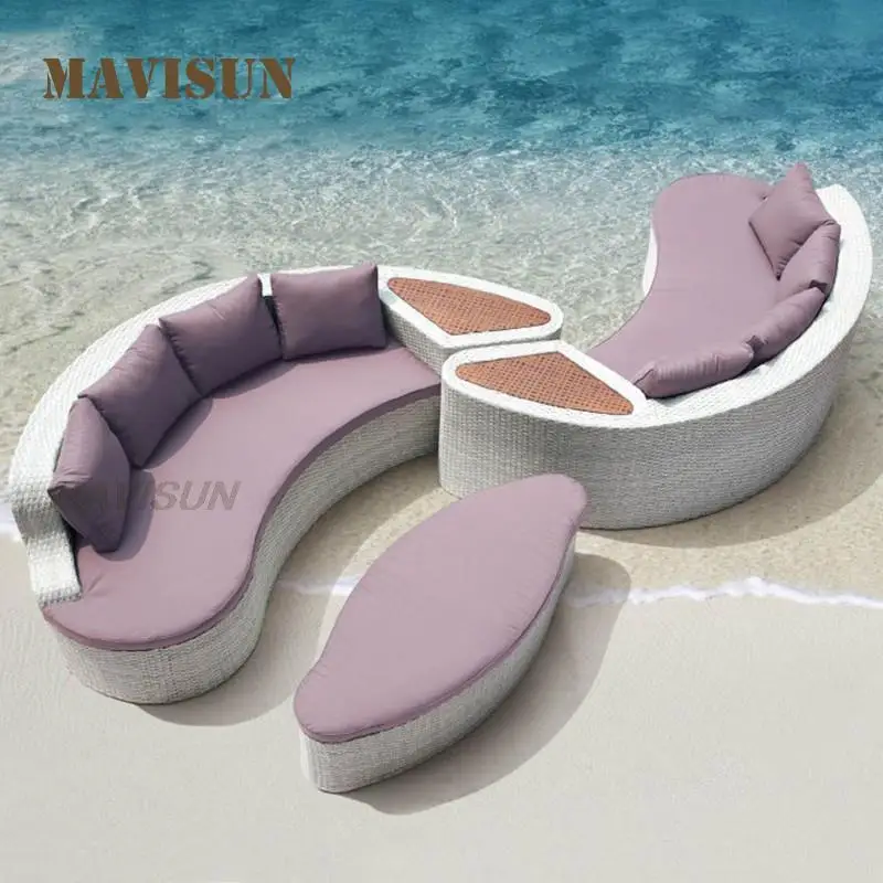 Rattan Outdoor Sofa Bed Furniture Sun Lounger For Courtyard Leisure Reclining Bed Balcony Wicker Chair Holiday Sun Room Recliner