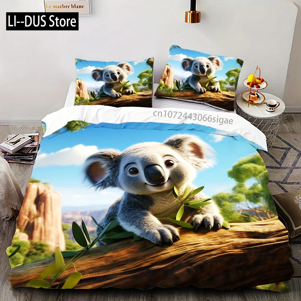 Koala Bedding Set 2/3pcs Digital Print 3D Pattern Soft Skin-Friendly Polyester Cover,Duvet Cover With Pillowcases, Animal Theme