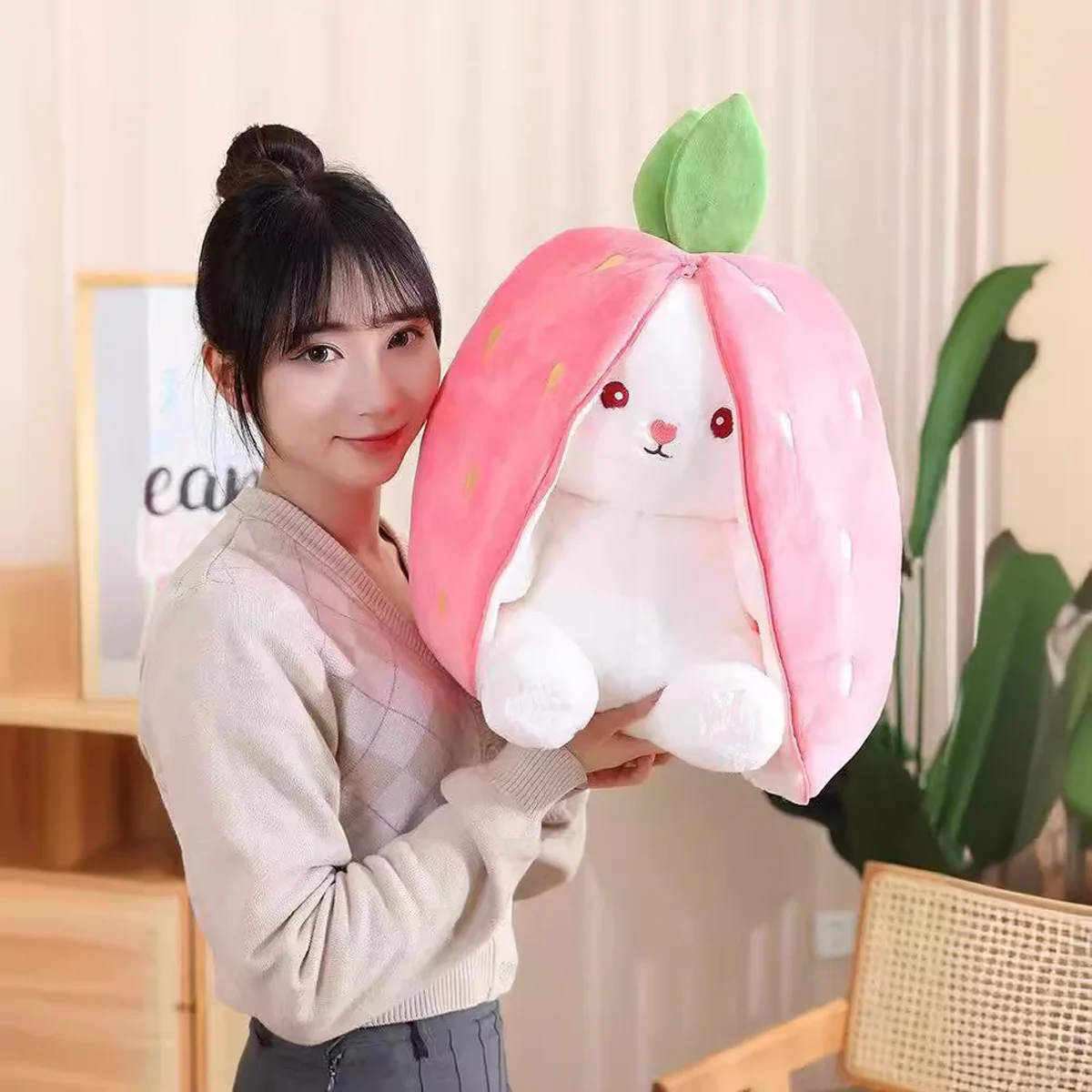 Kawaii Fruit Transfigured Bunny Plush Toy Cute Carrot Strawberry Turn Into Rabbit Plush Cosplay Toy Kids Birthday Christmas Gift