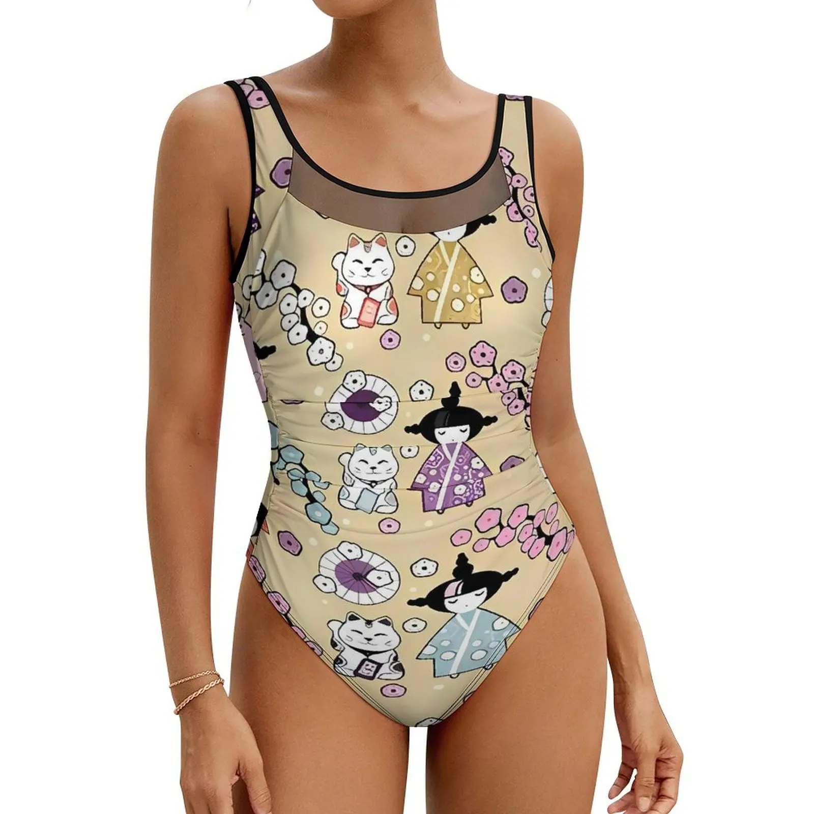 

Cute Japanese Dolls Swimsuit Kokeshi and Maneki Neko Cats Push Up Swimwear One-Piece Holiday Bathing Suit Swimsuits Beachwear