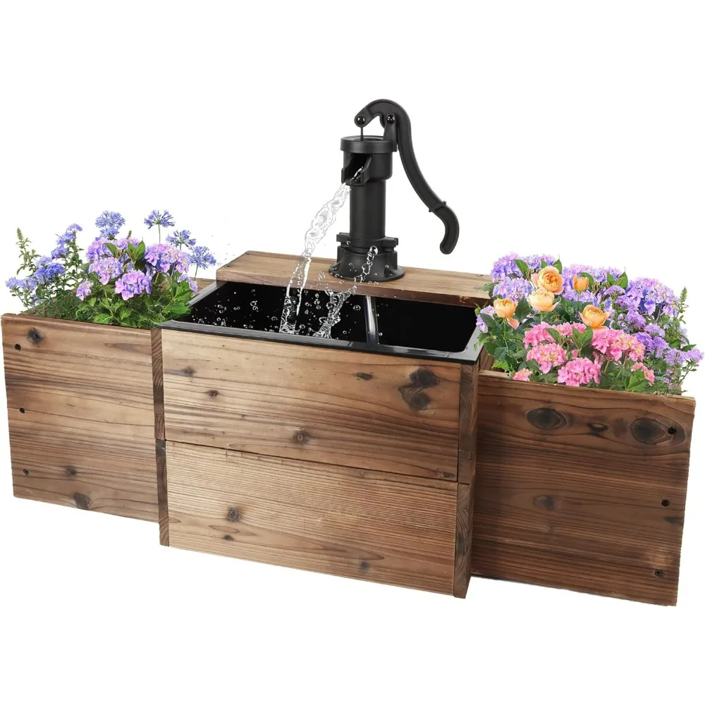 

Outdoor Water Fountain,Floor Wooden Rectangular Pump Old-Fashioned Fountain with Flower Box,Electric Decorative Hand Pump, Outdo