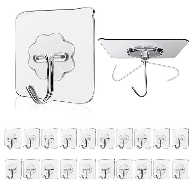 10-50PCS Transparent Stainless Steel Strong Self Adhesive Hooks Key Storage Hanger For Kitchen Bathroom Door Wall Multi-Function