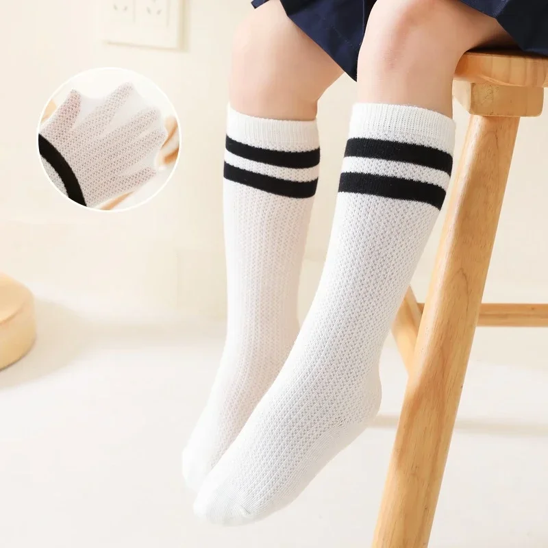 

Children Knee High School Uniform Socks Kids Girls Boys Striped Long Sock Soft Cotton Mesh Breathable Baby Hollow Out Stockings
