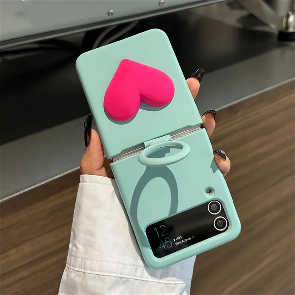 Korean Cute Color 3D Love Heart Ring Holder Case for Smasung Galaxly Z Flip 5 4 3 Skin Friendy Soft Silicone Cover