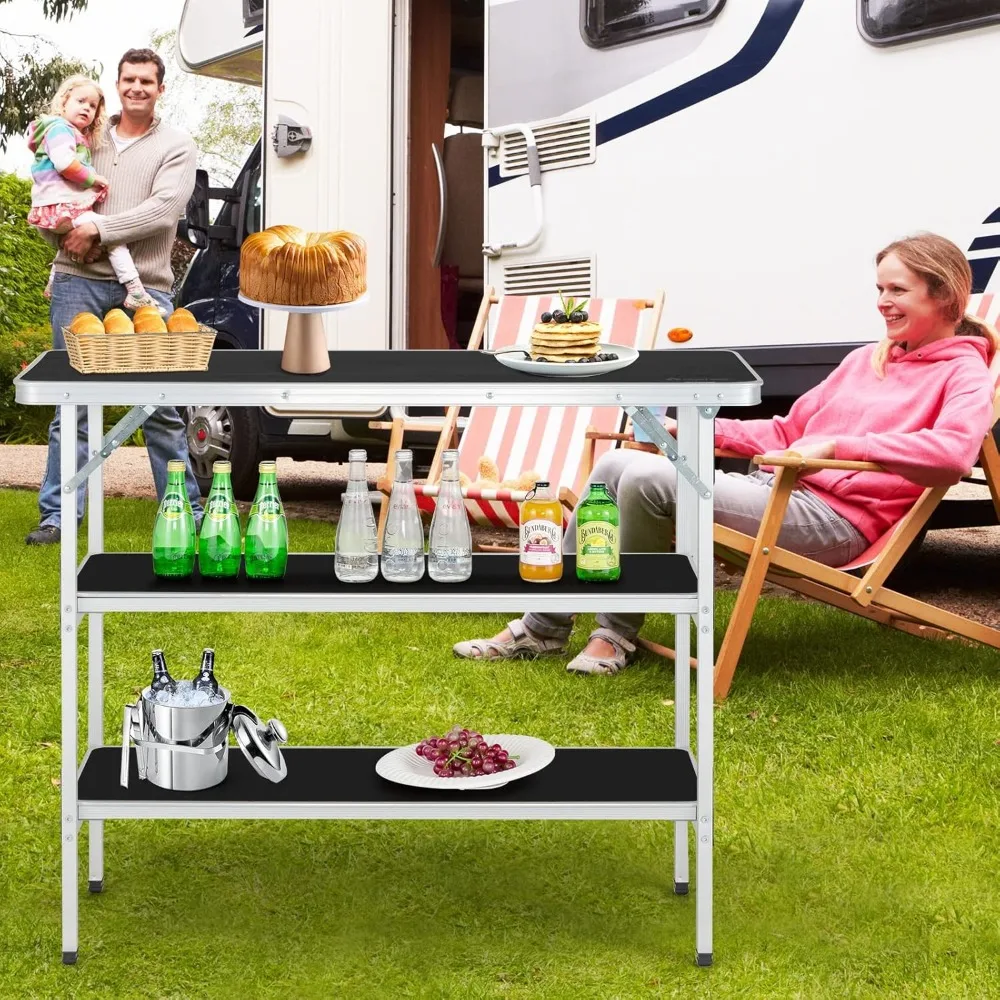 Folding Camping Table with Storage, Aluminum Picnic Table with 2-Tier Shelves, Large Tabletop, Carry Bag, Removable C